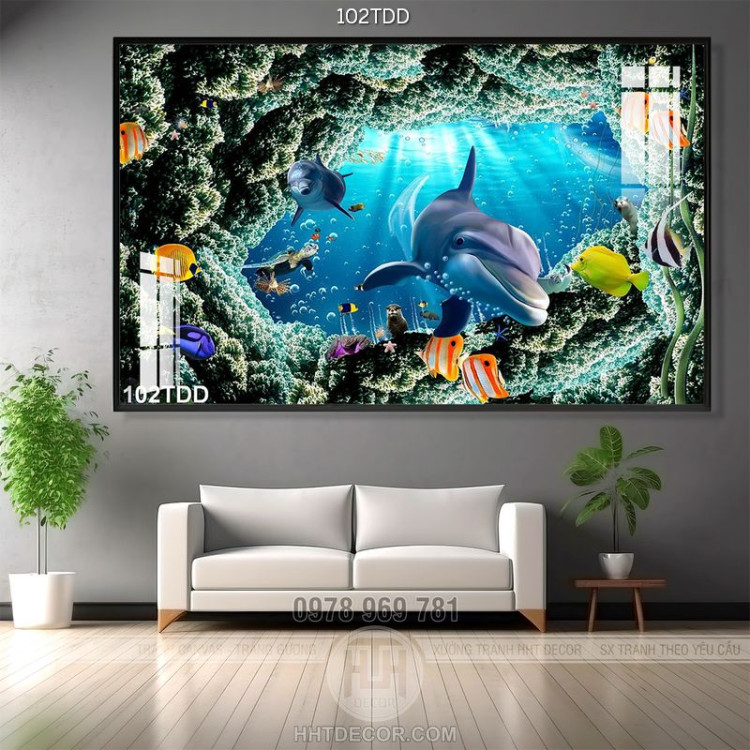 Tranh Đại Dương, cá heo 3D trang trí tường