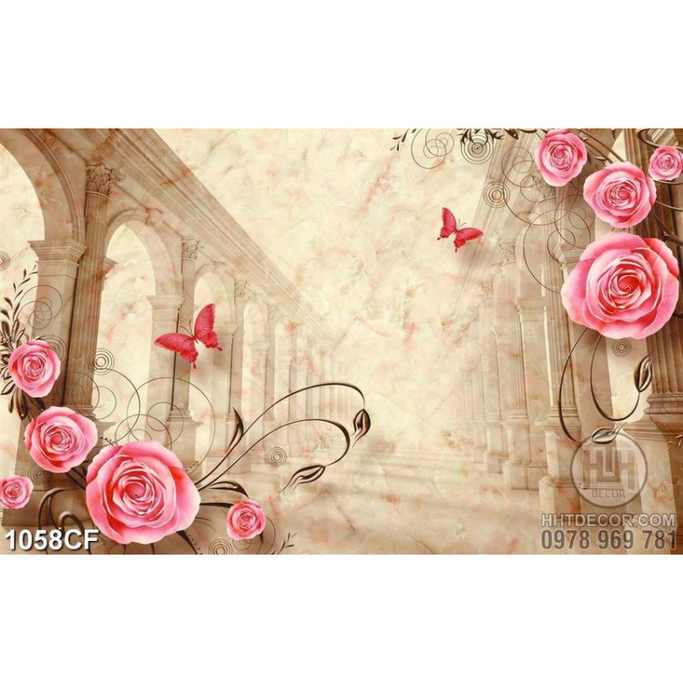Tranh những bông hoa hồng in trên tường cổ quán cà phê