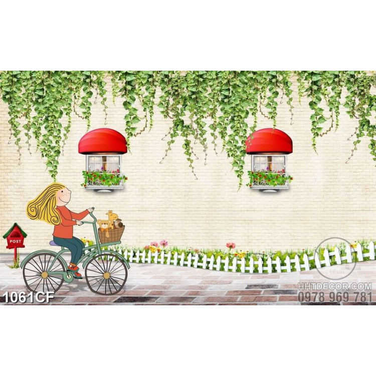 Tranh cô gái đạp xe trên phố cà phê