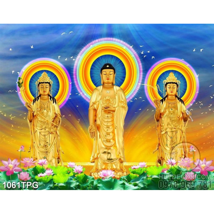 Tranh tường Phật Tổ và 2 vị Bồ Tát bằng vàng
