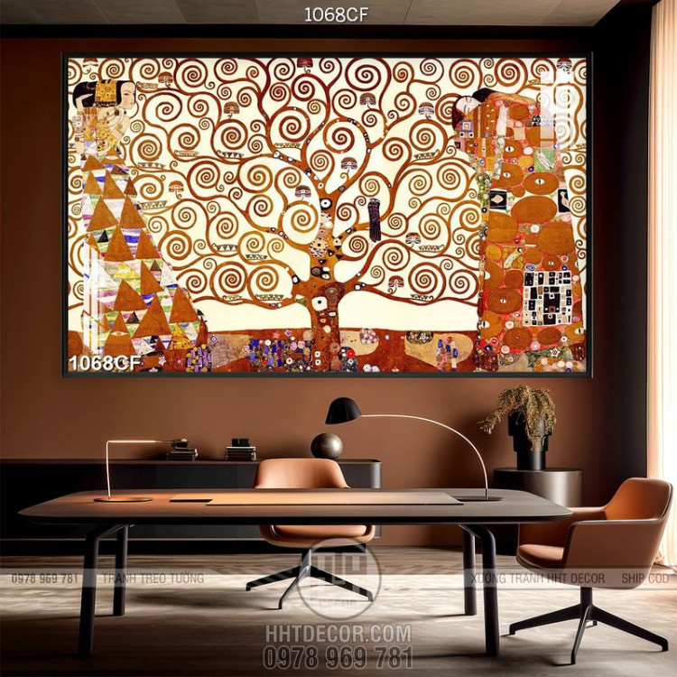 Tranh vẽ cây vàng treo tường nhiều họa tiết trong quán cà phê