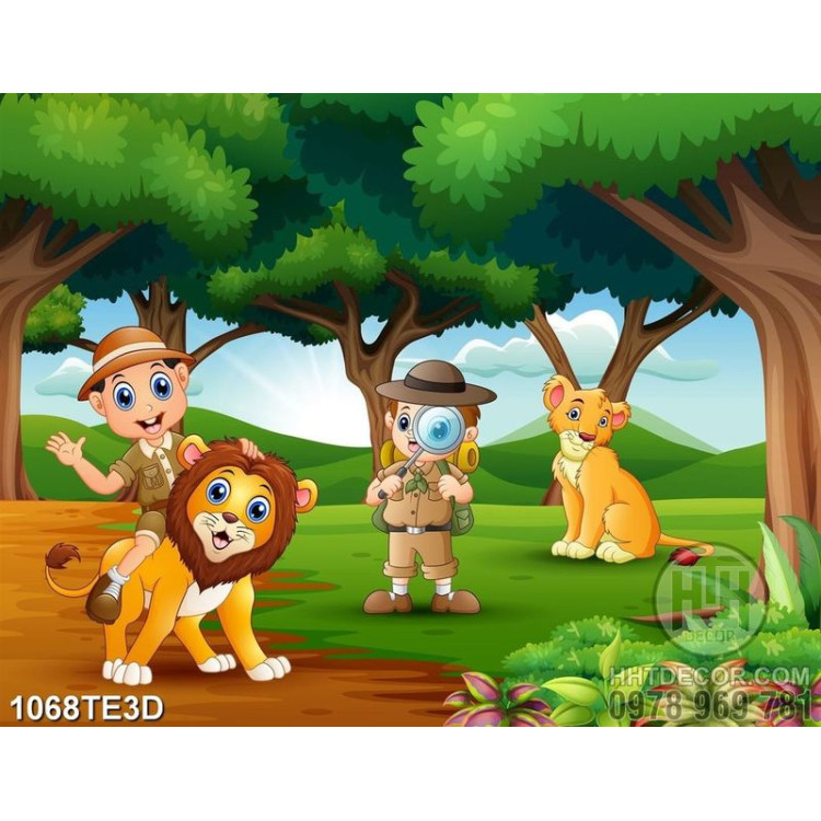Tranh sư tử và hổ trong rừng in tường phòng trẻ em