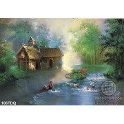 Tranh làng quê sơn dầu việt nam đứa nhỏ chơi đùa trên sông