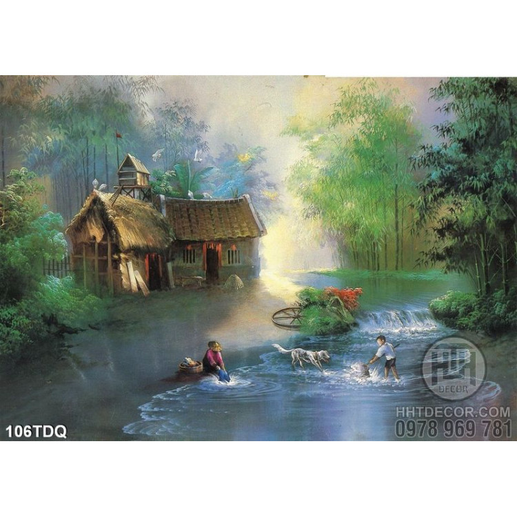 Tranh làng quê sơn dầu việt nam đứa nhỏ chơi đùa trên sông