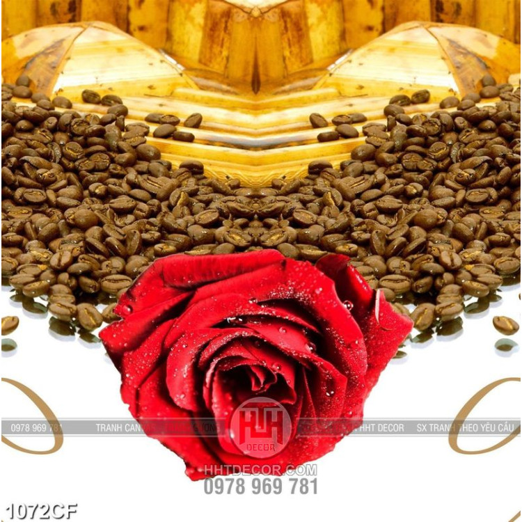 Tranh những hạt cà phê bên bông hồng nhung in uv