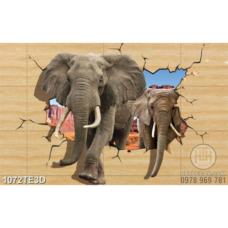 Tranh 3D đàn voi trang trí tường đẹp