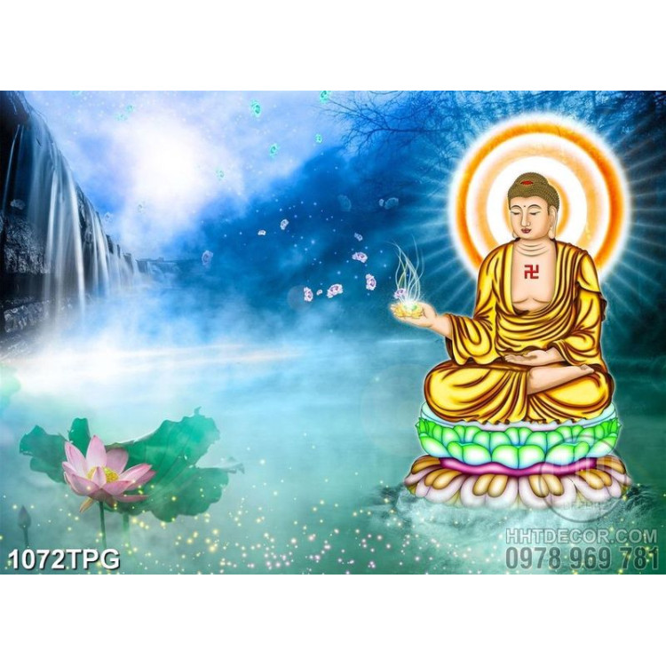 Tranh sơn dầu Phật Tổ bên thác nước