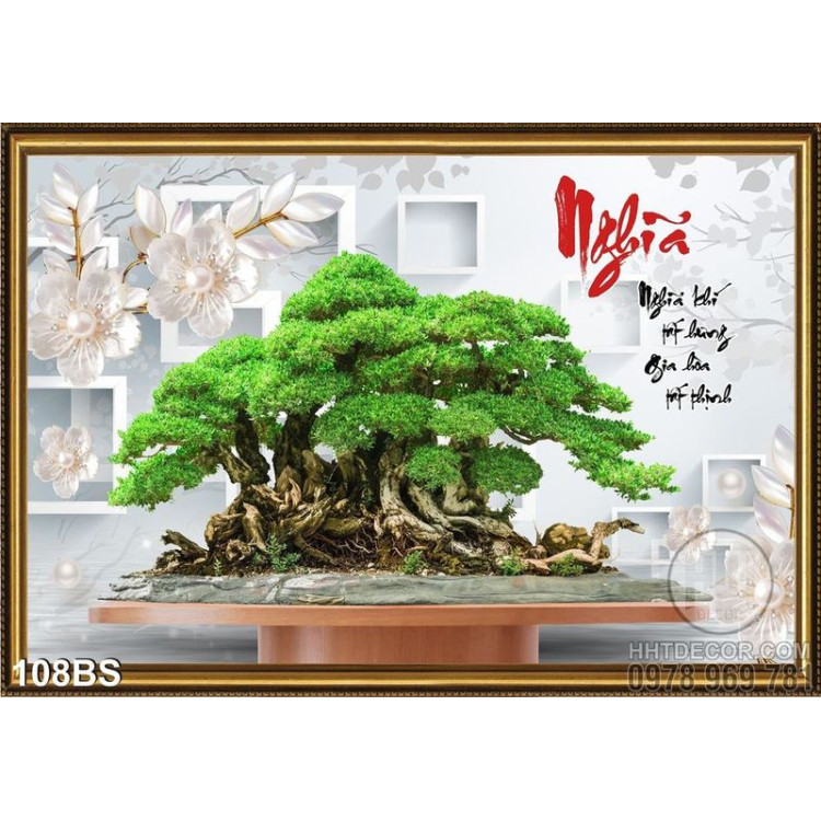 Tranh bonsai chữ nghĩa và nền 3d