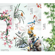 Tranh tứ quý trang trí bốn loại cây bên chú chim ri