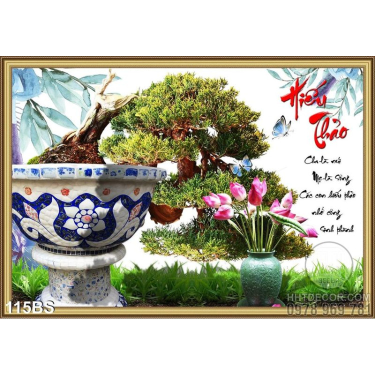 Tranh bonsai chữ hiếu thảo bình hoa sen