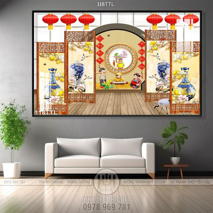 Tranh Tài Lộc, tranh Tết bình hoa cổ treo tường đẹp