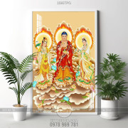 Tranh Đức Phật và 2 Bồ Tát in kính đẹp chất lượng cao