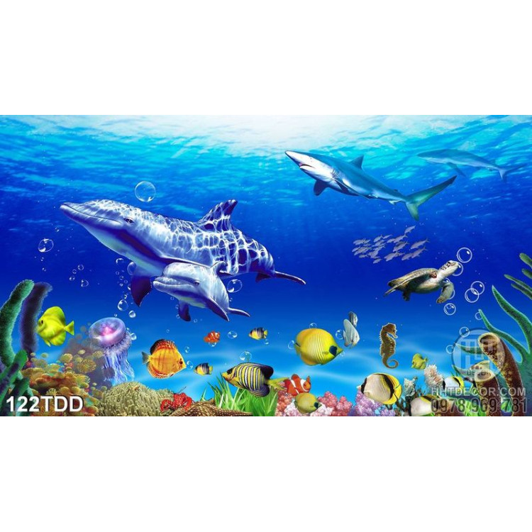 Tranh Đại Dương, cá heo 3D dán tường lung linh