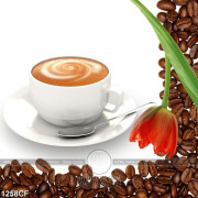 Tranh bông tulip bên tách cà phê cappuccino in uv