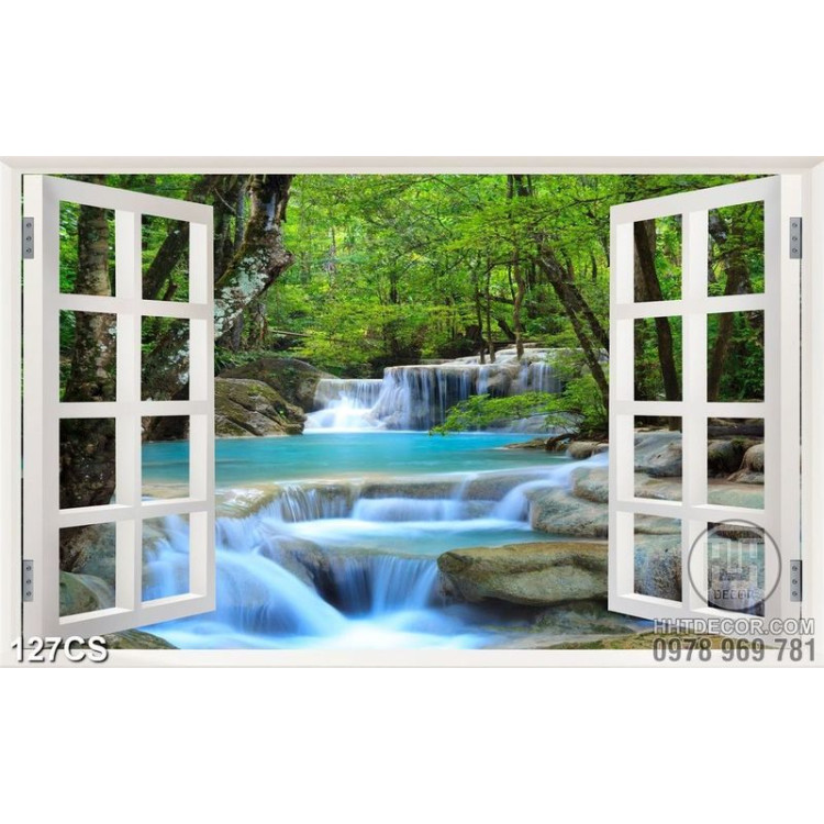 Tranh phong thủy thác nước đẹp bên ô cửa sổ in kính