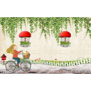 Tranh vẽ cô gái đạp xe trên khu phố cà phê in uv