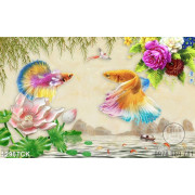 Tranh tranh phong thủy hoa sen và 2 chú cá