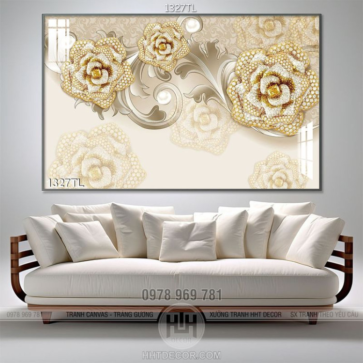 Tranh lụa 3D hoa hồng trang trí tường phòng khách