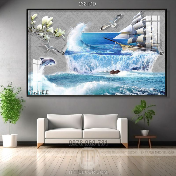 Tranh Đại Dương, cá heo 3D thuận buồm xuôi gió