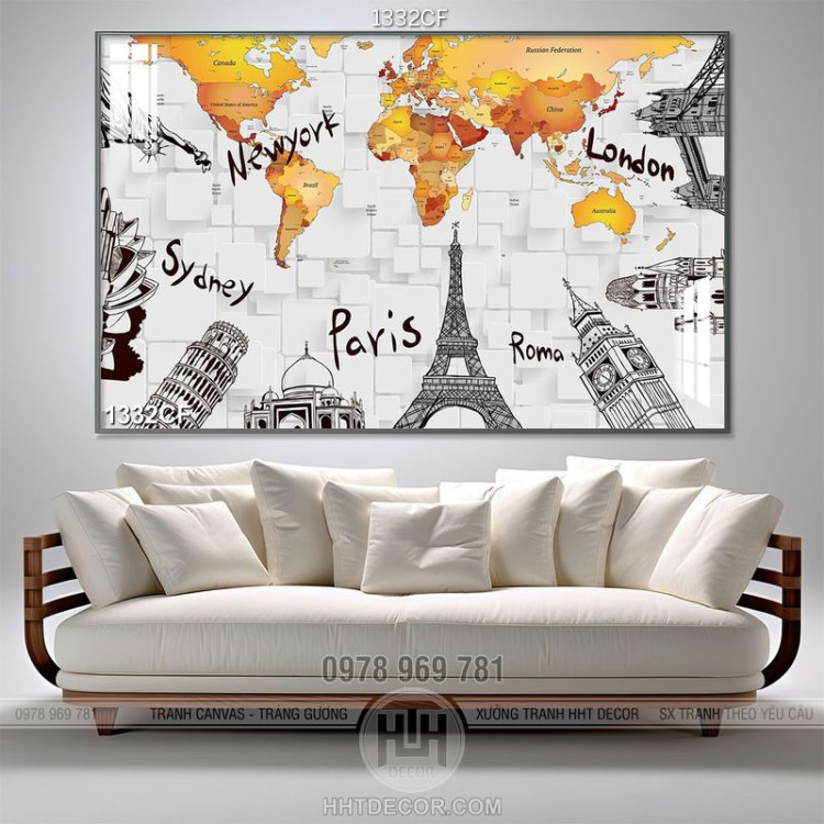 Tranh cà phê 5d bản đồ thế giới trên bức tường gạch màu trắng