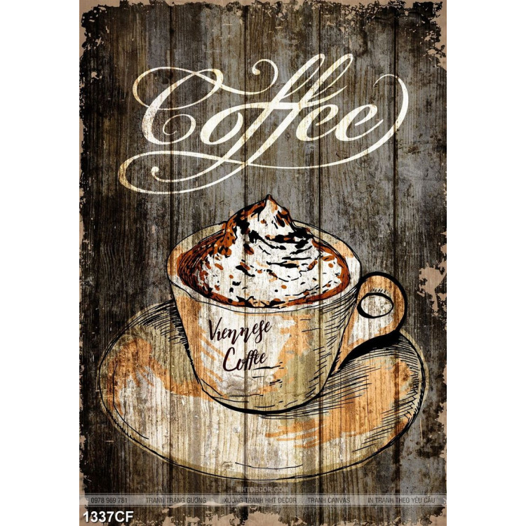 Tranh cà phê in uv tách cappuccino kem sữa thơm ngon trên bàn