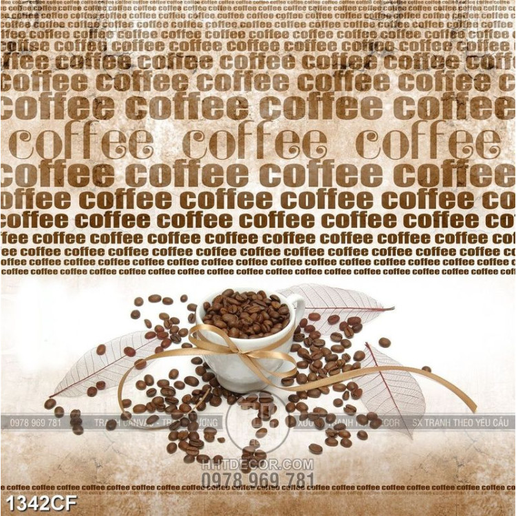 Tranh cà phê in 5d những chiếc lá mỏng và hạt cà phê căng tròn