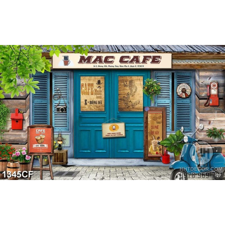 Tranh cà phê decor những cánh cửa gỗ màu xanh dương xinh đẹp