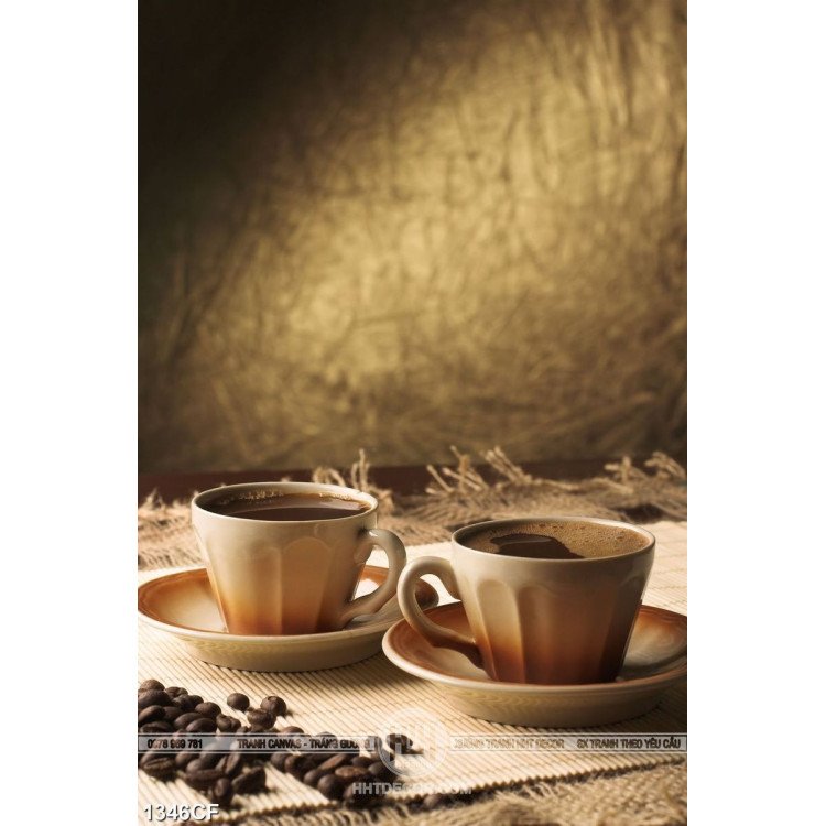 Tranh cà phê trang trí hai tách cà phê thơm ngon trên chiếc bàn
