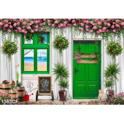 Tranh cà phê treo tường cánh cửa màu xanh biếc dưới dàn hoa