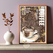 Tranh cà phê 3d tách cappuccino trên bức tường nhiều họa tiết