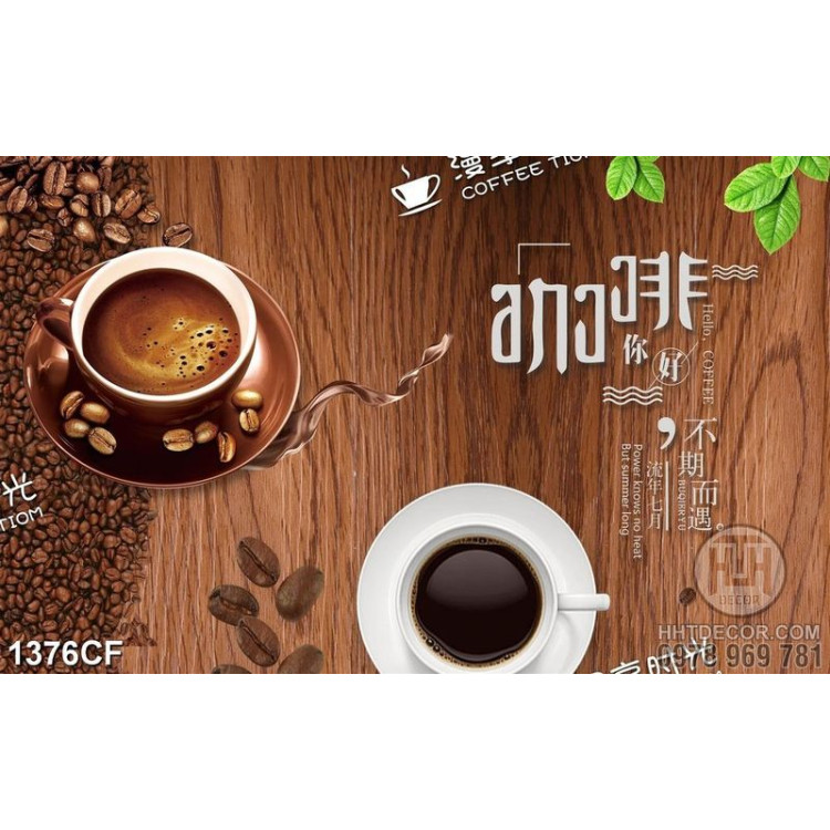 Tranh cà phê trang trí tách cà phê thơm ngon và trên chiếc bàn gỗ
