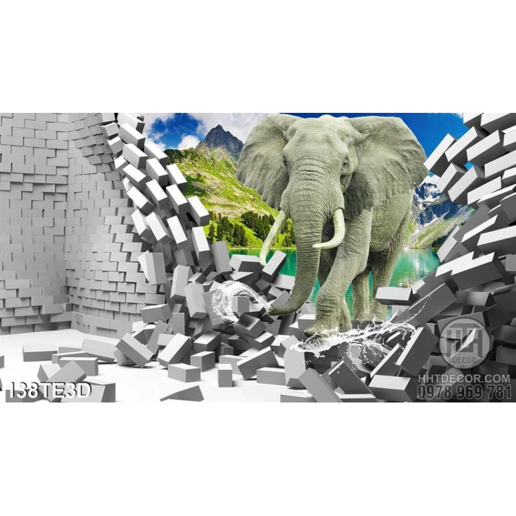 Tranh 3D trẻ em con voi dán tường
