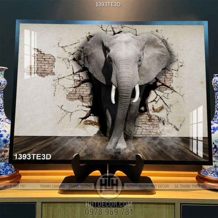 Tranh 3D chú voi dán tường chất lượng cao
