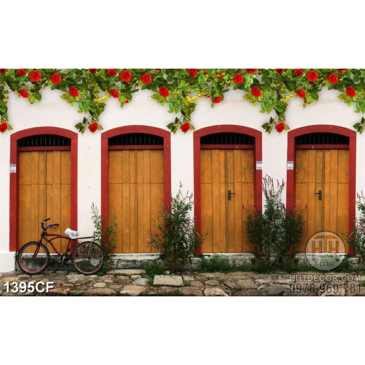 Tranh cà phê decor những cánh cửa gỗ màu vàng  và chiếc xe đạp