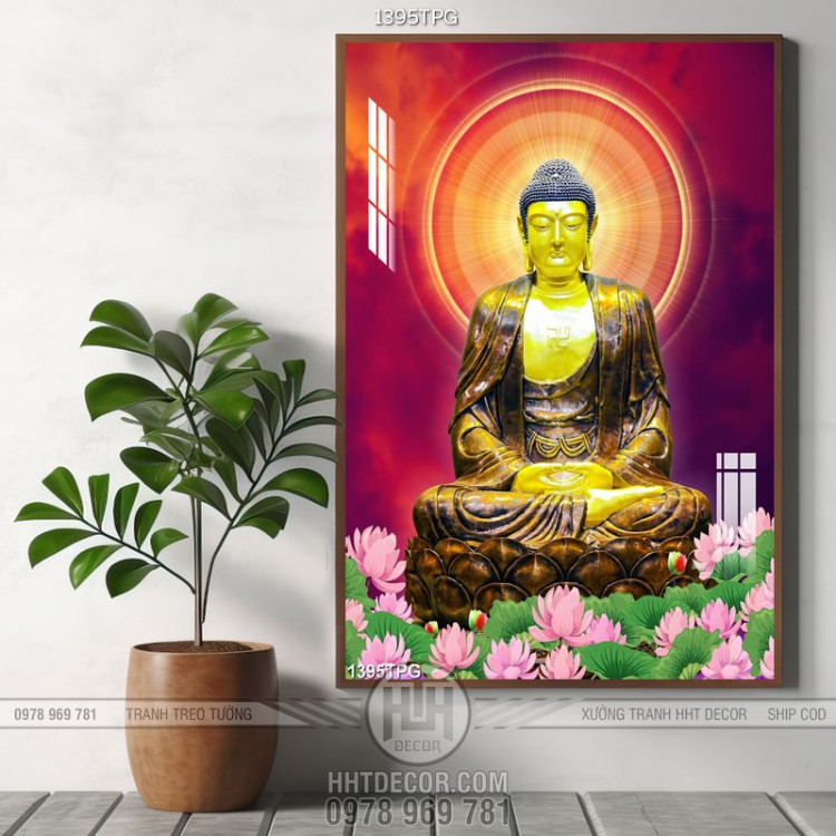 Tranh tượng Phật A Di Đà và hoa Sen đẹp