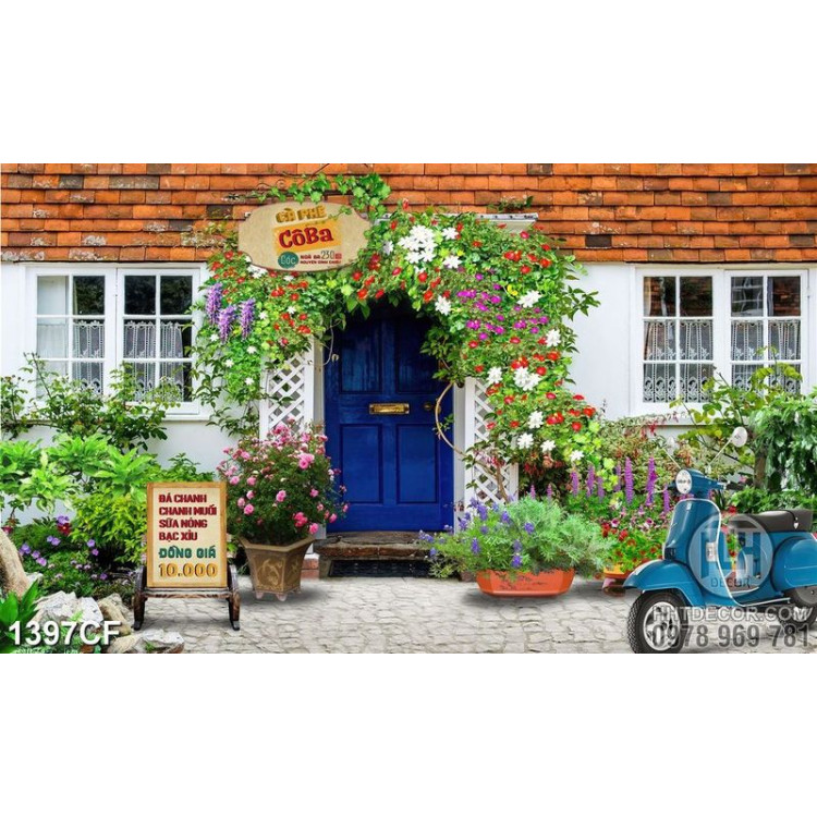 Tranh cà phê in uv cánh cửa màu xanh lam dưới tán cây đầy hoa