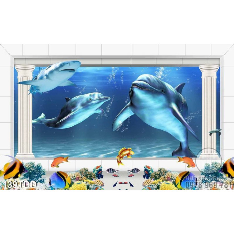 Tranh Đại Dương, cá heo 3D dán tường phòng khách