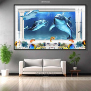 Tranh Đại Dương, cá heo 3D dán tường phòng khách