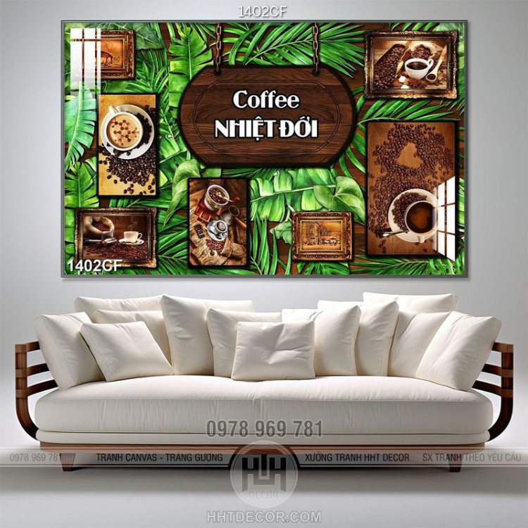 Tranh cà phê in 5d bảng hiệu quán cà phê gỗ trên tường lá xanh