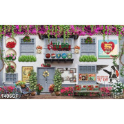 Tranh cà phê trang trí chiếc quán nhỏ phủ đầy hoa và cây xanh 