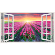 Tranh khu vườn hoa tulip và cửa sổ in kính