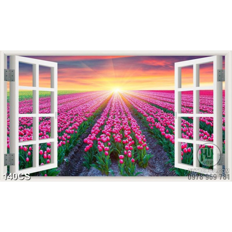 Tranh khu vườn hoa tulip và cửa sổ in kính