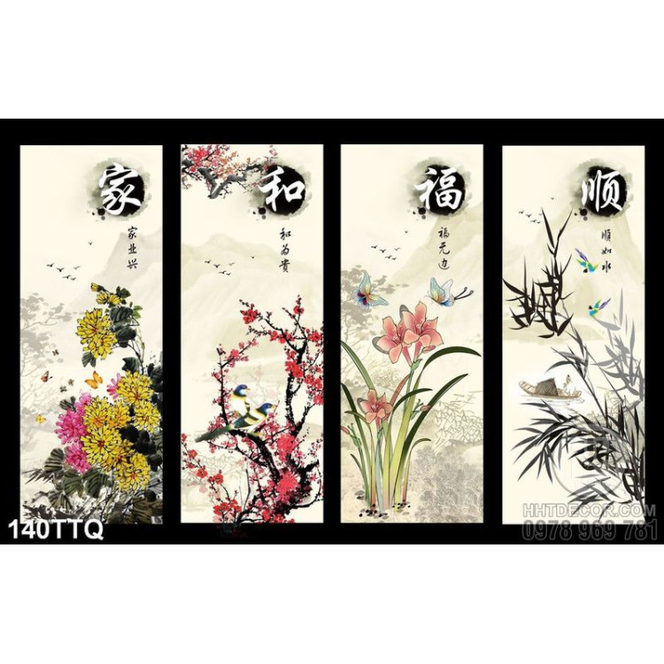 Tranh tứ quý tài lộc in canvas về bốn loại hoa may mắn