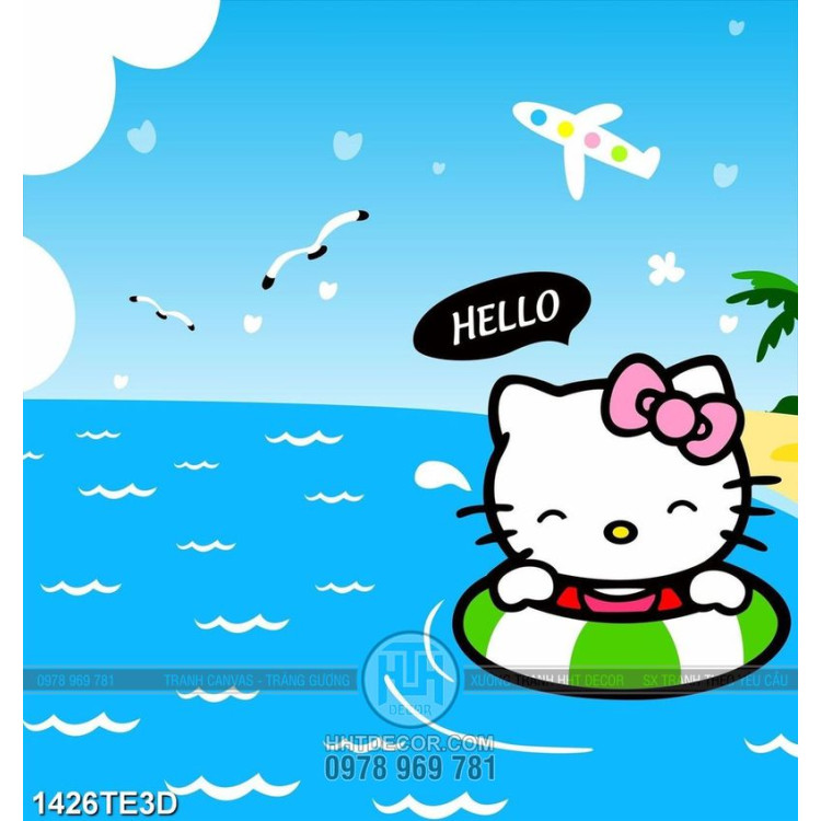 Tranh mèo Kitty tắm biển
