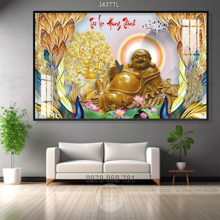 Tranh 3D tượng Phật Di Lặc và chim công độc đáo