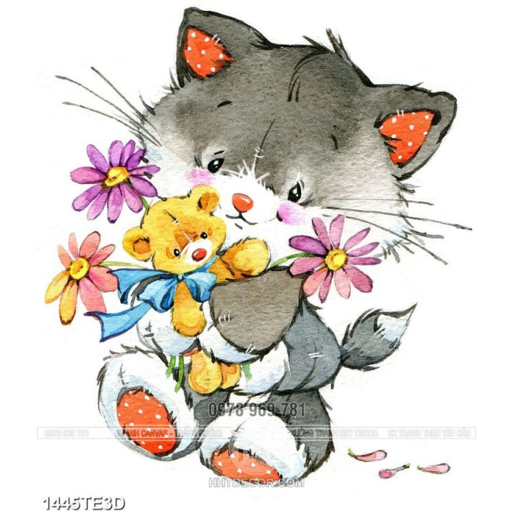 Tranh chú mèo và hoa