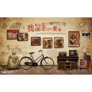 Tranh cà phê treo tường chiếc xe đạp màu đen và những bức hình