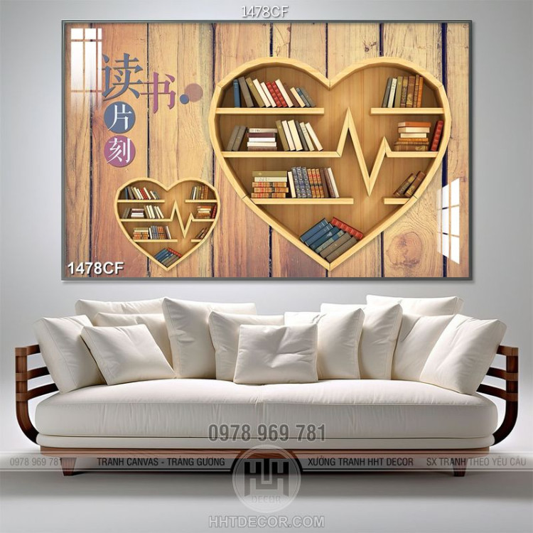 Tranh cà phê nghệ thuật những chiếc kệ sách hình trái tim bằng gỗ