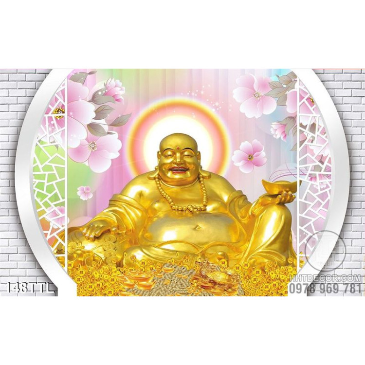 Tranh 3D tượng Phật Di Lặc và hoa Đào nghệ thuật