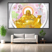 Tranh 3D tượng Phật Di Lặc và hoa Đào nghệ thuật